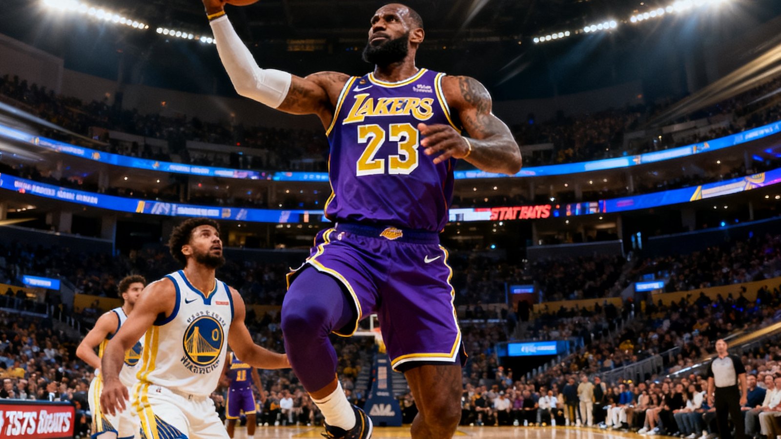 NBA湖人队对阵勇士队全场集锦封面，詹姆斯突破上篮瞬间
